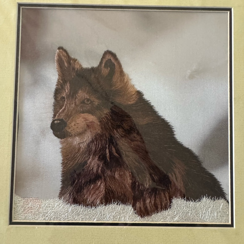 Framed Wolf Embroidery Art